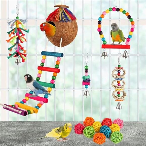Bird Toys 17Pcs Bird Parakeet Swing Chewing Hanging Toys Climbing Ladder Coconut - Picture 4 of 7
